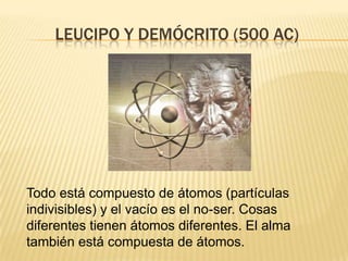 LEUCIPO Y DEMÓCRITO (500 AC)




Todo está compuesto de átomos (partículas
indivisibles) y el vacío es el no-ser. Cosas
diferentes tienen átomos diferentes. El alma
también está compuesta de átomos.
 