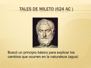 TALES DE MILETO (624 AC )




Buscó un principio básico para explicar los
cambios que ocurren en la naturaleza (agua)
 