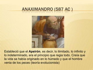 ANAXIMANDRO (587 AC )




Estableció que el Apeirón, es decir, lo ilimitado, lo infinito y
lo indeterminado, era el principio que regia todo. Creía que
la vida se había originado en lo húmedo y que el hombre
venia de los peces (teoría evolucionista)
 