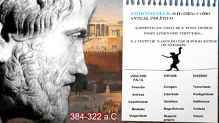 ARISTÓTELES: o homem como
animal político
ARISTÓTELES DIZIA QUE TODO HOMEM
PODE APRENDER VIRTUDES...
E A VIRTUDE NASCE DO EQUILIVRIO ENTRE
OS EXESSOS:
VÍCIO POR
FALTA
Covardia
Avareza
Irascibilidade
Modéstia
Vulgaridade
VIRTUDE
Coragem
Liberdade
Gentileza
Magnificência
Respeito
próprio
EXCESSO
Temeridade
Prodigalidade
Indiferença
Vaidade
Vilania
384-322 a.C.
 