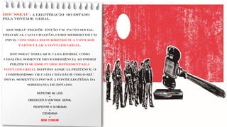 ROUSSEAU: a legitimação do Estado
pela vontade geral
ROUSSEAU PROPÕE ENTÃO UM pacto social
pelo qual cada cidadão, como membro de um
povo, concorda em submeter sua vontade
particular à vontade geral.
MEU
Rousseau dizia que cada homem, como
cidadão, somente deve obediência ao poder
político se esse puder representar a
vontade geral do povo ao qual pertence. O
compromisso de cada cidadão é com o seu
povo. Somente o povo é a fonte legítima da
soberania do Estado.
REPEITAR AS LEIS
=
OBEDECER À VONTADE GERAL
=
RESPEITAR A SI MESMO
=
CIDADANIA
=
BEM COMUM
 