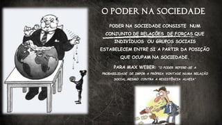O PODER NA SOCIEDADE
PODER NA SOCIEDADE CONSISTE NUM
CONJUNTO DE RELAÇÕES DE FORÇAS QUE
INDIVÍDUOS OU GRUPOS SOCIAIS
ESTABELECEM ENTRE SI A PARTIR DA POSIÇÃO
QUE OCUPAM NA SOCIEDADE.
PARA MAX WEBER: “O PODER REFERE-SE A
PROBABILIDADE DE IMPOR A PRÓPRIA VONTADE NUMA RELAÇÃO
SOCIAL,MESMO CONTRA A RESISTÊNCIA ALHEIA”
 