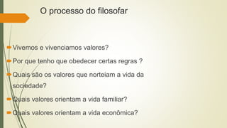 O processo do filosofar
Vivemos e vivenciamos valores?
Por que tenho que obedecer certas regras ?
Quais são os valores que norteiam a vida da
sociedade?
Quais valores orientam a vida familiar?
Quais valores orientam a vida econômica?
 