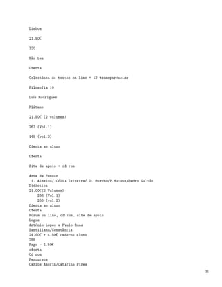 Lisboa

21.90¬

320

Não tem

Oferta

Colectânea de textos on line + 12 transparências

Filosofia 10

Luís Rodrigues

Plátano

21.90¬ (2 volumes)

263 (Vol.1)

149 (vol.2)

Oferta ao aluno

Oferta

Site de apoio + cd rom

Arte de Pensar
 1. Almeida/ Célia Teixeira/ D. Murcho/P.Mateus/Pedro Galvão
Didáctica
21.00¬(2 Volumes)
    236 (Vol.1)
    200 (vol.2)
Oferta ao aluno
Oferta
Fórum on line, cd rom, site de apoio
Logos
António Lopes e Paulo Ruas
Santillana/Constância
24.50¬ + 4.50¬ caderno aluno
288
Pago   4.50¬
oferta
Cd rom
Percursos
Carlos Amorim/Catarina Pires
                                                               31
 