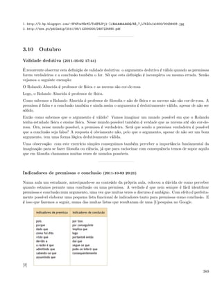 1. http://3.bp.blogspot.com/-9F4F1wYErMI/ToEFEJPjl-I/AAAAAAAAA3Q/RX_7_LYKICo/s1600/00439409.jpg
2. http://dre.pt/pdf2sdip/2011/06/112000000/2487224890.pdf




3.10     Outubro

Validade dedutiva (2011-10-02 17:44)

É recorrente observar esta deﬁnição de validade dedutiva: o argumento dedutivo é válido quando as premissas
forem verdade