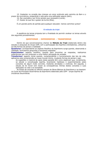 15. Implantar no coração das crianças um amor profundo pelo caminho do Bem e o
prazer da convivência, preparando o solo para uma edificação segura (Adri);
16. Dar exemplos e ser firme sempre que necessário (Lúcia);
17. Gostar do que faz e gostar da turma (Rita).
É um grande ponto de partida para qualquer educador. Vamos caminhar juntos?
O método do tripé
A seqüência de temas proposta tem a finalidade de permitir analisar os temas através
dos seguintes procedimentos:
QUESTIONAR - EXPERIMENTAR - TRANSFORMAR
Dentro do que convencionamos chamar de Método do Tripé (elaborado dentro dos
estudos e pesquisas do Grupo CEM, com a participação dos Espíritos orientadores), utilizamos
as três formas de pensar a realidade:
Questionar: correspondente ao aspecto filosófico do Espiritismo surge quando, observando a
realidade, formulamos perguntas e buscamos respostas.
Experimentar: aspecto científico, quando para encontrar as respostas, realizamos
experiências que nos conduzam a uma melhor percepção da verdade.
Transformar: aspecto moral quando, compreendendo o funcionamento das leis da vida,
aplicamos esta compreensão ao nosso mundo íntimo, mudando formas de pensar e agir.
As sugestões e material de apoio desta apostila têm como objetivam que, inicialmente,
se estude a conceituação espírita, levantando hipóteses e experimentando estes
conceitos de algum modo concreto, mediante atividades e vivências. Em seguida, o
estudo da lei moral vem trazer as conseqüências íntimas destes conceitos e suas
aplicações na vida e na sociedade.
As fontes de consulta se referem sempre às Obras Básicas do Espiritismo e se baseiam
no Curso de Princípios Doutrinários do Espiritismo elaborado pelo CEM – Grupo Espírita de
Iniciativas Doutrinárias.
3
 