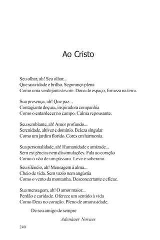 adenáuer novaes




                       Ao Cristo

Seu olhar, ah! Seu olhar...
Que suavidade e brilho. Segurança plena
Como uma verdejante árvore. Dona do espaço, firmeza na terra.

Sua presença, ah! Que paz...
Contagiante doçura, inspiradora companhia
Como o entardecer no campo. Calma repousante.

Seu semblante, ah! Amor profundo...
Serenidade, altivez e domínio. Beleza singular
Como um jardim florido. Cores em harmonia.

Sua personalidade, ah! Humanidade e amizade...
Sem exigências nem dissimulações. Fala ao coração
Como o vôo de um pássaro. Leve e soberano.
Seu silêncio, ah! Mensagem à alma...
Cheio de vida. Sem vazio nem angústia
Como o vento da montanha. Desconcertante e eficaz.

Sua mensagem, ah! O amor maior...
Perdão e caridade. Oferece um sentido à vida
Como Deus no coração. Pleno de amorosidade.
      De seu amigo de sempre
                      Adenáuer Novaes
240
 