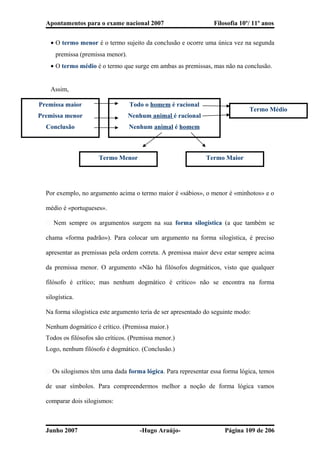 Todo o homem é racional
Nenhum animal é racional
Nenhum animal é homem
Premissa maior
Premissa menor
Conclusão
Termo Médio
Termo Menor Termo Maior
Apontamentos para o exame nacional 2007 Filosofia 10º/ 11º anos
• O termo menor é o termo sujeito da conclusão e ocorre uma única vez na segunda
premissa (premissa menor).
• O termo médio é o termo que surge em ambas as premissas, mas não na conclusão.
Assim,
Por exemplo, no argumento acima o termo maior é «sábios», o menor é «minhotos» e o
médio é «portugueses».
� Nem sempre os argumentos surgem na sua forma silogística (a que também se
chama «forma padrão»). Para colocar um argumento na forma silogística, é preciso
apresentar as premissas pela ordem correta. A premissa maior deve estar sempre acima
da premissa menor. O argumento «Não há filósofos dogmáticos, visto que qualquer
filósofo é crítico; mas nenhum dogmático é crítico» não se encontra na forma
silogística.
Na forma silogística este argumento teria de ser apresentado do seguinte modo:
Nenhum dogmático é crítico. (Premissa maior.)
Todos os filósofos são críticos. (Premissa menor.)
Logo, nenhum filósofo é dogmático. (Conclusão.)
� Os silogismos têm uma dada forma lógica. Para representar essa forma lógica, temos
de usar símbolos. Para compreendermos melhor a noção de forma lógica vamos
comparar dois silogismos:
Junho 2007 -Hugo Araújo- Página 109 de 206
 