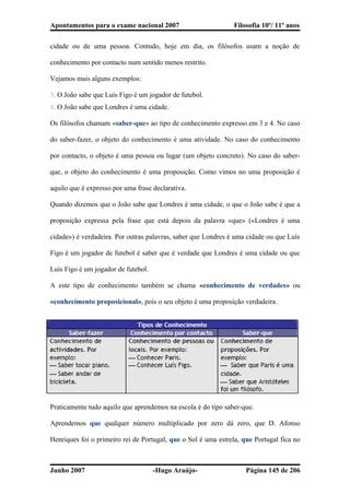 Apontamentos para o exame nacional 2007 Filosofia 10º/ 11º anos
cidade ou de uma pessoa. Contudo, hoje em dia, os filósofos usam a noção de
conhecimento por contacto num sentido menos restrito.
Vejamos mais alguns exemplos:
3. O João sabe que Luís Figo é um jogador de futebol.
4. O João sabe que Londres é uma cidade.
Os filósofos chamam «saber-que» ao tipo de conhecimento expresso em 3 e 4. No caso
do saber-fazer, o objeto do conhecimento é uma atividade. No caso do conhecimento
por contacto, o objeto é uma pessoa ou lugar (um objeto concreto). No caso do saber-
que, o objeto do conhecimento é uma proposição. Como vimos no uma proposição é
aquilo que é expresso por uma frase declarativa.
Quando dizemos que o João sabe que Londres é uma cidade, o que o João sabe é que a
proposição expressa pela frase que está depois da palavra «que» («Londres é uma
cidade») é verdadeira. Por outras palavras, saber que Londres é uma cidade ou que Luís
Figo é um jogador de futebol é saber que é verdade que Londres é uma cidade ou que
Luís Figo é um jogador de futebol.
A este tipo de conhecimento também se chama «conhecimento de verdades» ou
«conhecimento proposicional», pois o seu objeto é uma proposição verdadeira.
Praticamente tudo aquilo que aprendemos na escola é do tipo saber-que.
Aprendemos que qualquer número multiplicado por zero dá zero, que D. Afonso
Henriques foi o primeiro rei de Portugal, que o Sol é uma estrela, que Portugal fica no
Junho 2007 -Hugo Araújo- Página 145 de 206
 