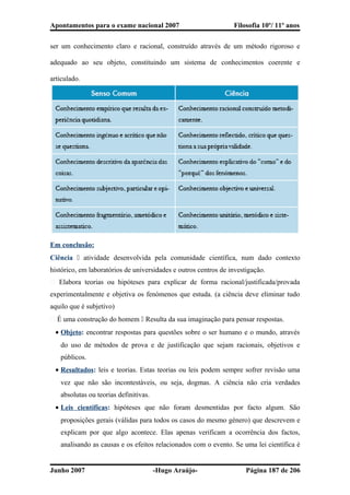 Apontamentos para o exame nacional 2007 Filosofia 10º/ 11º anos
ser um conhecimento claro e racional, construído através de um método rigoroso e
adequado ao seu objeto, constituindo um sistema de conhecimentos coerente e
articulado.
Em conclusão:
Ciência  atividade desenvolvida pela comunidade científica, num dado contexto
histórico, em laboratórios de universidades e outros centros de investigação.
� Elabora teorias ou hipóteses para explicar de forma racional/justificada/provada
experimentalmente e objetiva os fenómenos que estuda. (a ciência deve eliminar tudo
aquilo que é subjetivo)
� É uma construção do homem  Resulta da sua imaginação para pensar respostas.
• Objeto: encontrar respostas para questões sobre o ser humano e o mundo, através
do uso de métodos de prova e de justificação que sejam racionais, objetivos e
públicos.
• Resultados: leis e teorias. Estas teorias ou leis podem sempre sofrer revisão uma
vez que não são incontestáveis, ou seja, dogmas. A ciência não cria verdades
absolutas ou teorias definitivas.
• Leis científicas: hipóteses que não foram desmentidas por facto algum. São
proposições gerais (válidas para todos os casos do mesmo género) que descrevem e
explicam por que algo acontece. Elas apenas verificam a ocorrência dos factos,
analisando as causas e os efeitos relacionados com o evento. Se uma lei científica é
Junho 2007 -Hugo Araújo- Página 187 de 206
 