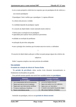 Apontamentos para o exame nacional 2007 Filosofia 10º/ 11º anos
• cai-se numa perspetiva relativista (as respostas que um paradigma dá são relativas a
esse mesmo paradigma)
� O paradigma 2 não é melhor que o paradigma 1; é apenas diferente
• a ciência não procura a verdade
• a realidade depende do paradigma vigente
• o conceito de objetividade é muito matizado (muito relativo)
� Critérios para a aceitação de um paradigma:
• capacidade para explicar factos polémicos persistentes
• utilidade na resolução de problemas
• realização de previsões adequadas
• aura e prestígio dos cientistas que inventam uma nova teoria e a defendem

O conceito de objetividade acaba por se diluir em parte porque alguns dos critérios são
subjetivos
� Kuhn  esquema complexo mas mais próximo da realidade
Em conclusão
O modelo da evolução da ciência de Thomas Kuhn
� No período da pré-ciência várias escolas rivais discutem incessantemente os
fundamentos da disciplina em questão.
� Esse período termina quando uma teoria bem sucedida institui um paradigma.
� Instituído um paradigma, inicia-se um período de ciência normal.
Junho 2007 -Hugo Araújo- Página 204 de 206
 