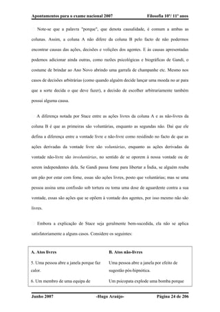 Apontamentos para o exame nacional 2007 Filosofia 10º/ 11º anos
� Note-se que a palavra "porque", que denota causalidade, é comum a ambas as
colunas. Assim, a coluna A não difere da coluna B pelo facto de não podermos
encontrar causas das ações, decisões e volições dos agentes. E às causas apresentadas
podemos adicionar ainda outras, como razões psicológicas e biográficas de Gandi, o
costume de brindar ao Ano Novo abrindo uma garrafa de champanhe etc. Mesmo nos
casos de decisões arbitrárias (como quando alguém decide lançar uma moeda no ar para
que a sorte decida o que deve fazer), a decisão de escolher arbitrariamente também
possui alguma causa.
� A diferença notada por Stace entre as ações livres da coluna A e as não-livres da
coluna B é que as primeiras são voluntárias, enquanto as segundas não. Daí que ele
defina a diferença entre a vontade livre e não-livre como residindo no facto de que as
ações derivadas da vontade livre são voluntárias, enquanto as ações derivadas da
vontade não-livre são involuntárias, no sentido de se oporem à nossa vontade ou de
serem independentes dela. Se Gandi passa fome para libertar a Índia, se alguém rouba
um pão por estar com fome, essas são ações livres, posto que voluntárias; mas se uma
pessoa assina uma confissão sob tortura ou toma uma dose de aguardente contra a sua
vontade, essas são ações que se opõem à vontade dos agentes, por isso mesmo não são
livres.
� Embora a explicação de Stace seja geralmente bem-sucedida, ela não se aplica
satisfatoriamente a alguns casos. Considere os seguintes:
A. Atos livres B. Atos não-livres
5. Uma pessoa abre a janela porque faz
calor.
Uma pessoa abre a janela por efeito de
sugestão pós-hipnótica.
6. Um membro de uma equipa de Um psicopata explode uma bomba porque
Junho 2007 -Hugo Araújo- Página 24 de 206
 