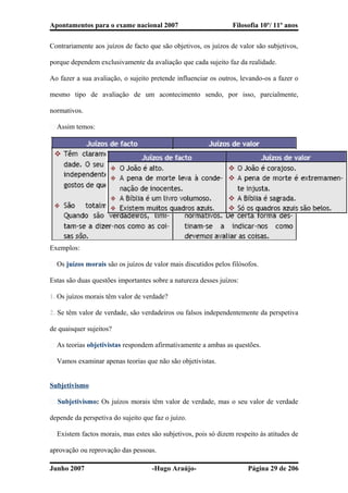 Apontamentos para o exame nacional 2007 Filosofia 10º/ 11º anos
Contrariamente aos juízos de facto que são objetivos, os juízos de valor são subjetivos,
porque dependem exclusivamente da avaliação que cada sujeito faz da realidade.
Ao fazer a sua avaliação, o sujeito pretende influenciar os outros, levando-os a fazer o
mesmo tipo de avaliação de um acontecimento sendo, por isso, parcialmente,
normativos.
� Assim temos:
Exemplos:
� Os juízos morais são os juízos de valor mais discutidos pelos filósofos.
Estas são duas questões importantes sobre a natureza desses juízos:
1. Os juízos morais têm valor de verdade?
2. Se têm valor de verdade, são verdadeiros ou falsos independentemente da perspetiva
de quaisquer sujeitos?
� As teorias objetivistas respondem afirmativamente a ambas as questões.
� Vamos examinar apenas teorias que não são objetivistas.
Subjetivismo
� Subjetivismo: Os juízos morais têm valor de verdade, mas o seu valor de verdade
depende da perspetiva do sujeito que faz o juízo.
� Existem factos morais, mas estes são subjetivos, pois só dizem respeito às atitudes de
aprovação ou reprovação das pessoas.
Junho 2007 -Hugo Araújo- Página 29 de 206
 