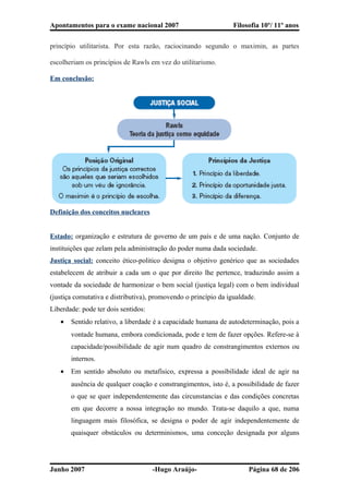 Apontamentos para o exame nacional 2007 Filosofia 10º/ 11º anos
princípio utilitarista. Por esta razão, raciocinando segundo o maximin, as partes
escolheriam os princípios de Rawls em vez do utilitarismo.
Em conclusão:
Definição dos conceitos nucleares
Estado: organização e estrutura de governo de um país e de uma nação. Conjunto de
instituições que zelam pela administração do poder numa dada sociedade.
Justiça social: conceito ético-politico designa o objetivo genérico que as sociedades
estabelecem de atribuir a cada um o que por direito lhe pertence, traduzindo assim a
vontade da sociedade de harmonizar o bem social (justiça legal) com o bem individual
(justiça comutativa e distributiva), promovendo o princípio da igualdade.
Liberdade: pode ter dois sentidos:
• Sentido relativo, a liberdade é a capacidade humana de autodeterminação, pois a
vontade humana, embora condicionada, pode e tem de fazer opções. Refere-se à
capacidade/possibilidade de agir num quadro de constrangimentos externos ou
internos.
• Em sentido absoluto ou metafísico, expressa a possibilidade ideal de agir na
ausência de qualquer coação e constrangimentos, isto é, a possibilidade de fazer
o que se quer independentemente das circunstancias e das condições concretas
em que decorre a nossa integração no mundo. Trata-se daquilo a que, numa
linguagem mais filosófica, se designa o poder de agir independentemente de
quaisquer obstáculos ou determinismos, uma conceção designada por alguns
Junho 2007 -Hugo Araújo- Página 68 de 206
 