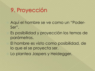  Aquí el hombre se ve como un “Poder-
Ser”.
 Es posibilidad y proyección los temas de
parámetros.
 El hombre es visto como posibilidad, de
lo que el se proyecta ser.
 Lo plantea Jaspers y Heidegger.
 