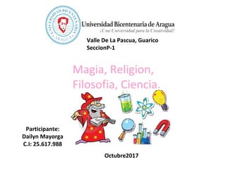 Valle De La Pascua, Guarico
SeccionP-1
Participante:
Dailyn Mayorga
C.I: 25.617.988
Octubre2017
Magia, Religion,
Filosofia, Ciencia.
 