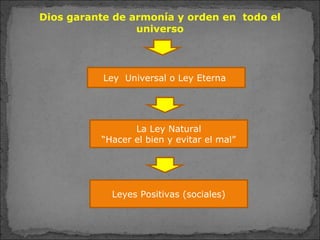 Ley Universal o Ley Eterna
La Ley Natural
“Hacer el bien y evitar el mal”
Leyes Positivas (sociales)
Dios garante de armonía y orden en todo el
universo
 