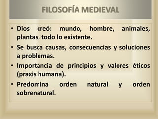 • Dios creó: mundo, hombre, animales,
plantas, todo lo existente.
• Se busca causas, consecuencias y soluciones
a problemas.
• Importancia de principios y valores éticos
(praxis humana).
• Predomina orden natural y orden
sobrenatural.
FILOSOFÍA MEDIEVAL
 