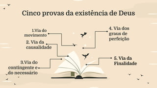 Cinco provas da existência de Deus
3.Via do
contingente e
do necessário
1.Via do
movimento
2. Via da
causalidade
4. Via dos
graus de
perfeição
5. Via da
Finalidade
 