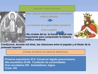 Agustín: teoría política
Ante cualquier desacuerdo entre autoridades
civiles y clericales
Los intereses de la iglesia deben prevalecer
Cesar o papista
De civitate dei es la fuente textual más
importante para comprender la historia
política medieval.
Condicionó, durante mil años, las relaciones entre el papado y el titular de la
potestad imperial
OTRAS ETAPAS FILOSOFÍA MEDIEVAL
Primeros expositores VI-X: Conservar legado grecorromano.
Alta escolástica XI-XII: Fundación de universidades.
Gran escolástica XIII: Aristotelismo, lógica.
Crisis: XIV
 