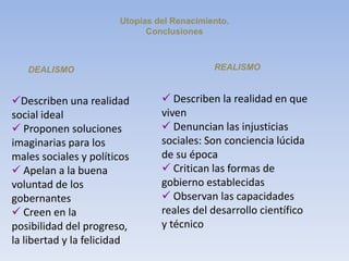 Utopías del Renacimiento.
Conclusiones
DEALISMO
Describen una realidad
social ideal
 Proponen soluciones
imaginarias para los
males sociales y políticos
 Apelan a la buena
voluntad de los
gobernantes
 Creen en la
posibilidad del progreso,
la libertad y la felicidad
REALISMO
 Describen la realidad en que
viven
 Denuncian las injusticias
sociales: Son conciencia lúcida
de su época
 Critican las formas de
gobierno establecidas
 Observan las capacidades
reales del desarrollo científico
y técnico
 
