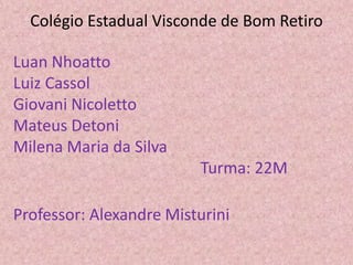 Colégio Estadual Visconde de Bom Retiro
Luan Nhoatto
Luiz Cassol
Giovani Nicoletto
Mateus Detoni
Milena Maria da Silva
Turma: 22M
Professor: Alexandre Misturini
 