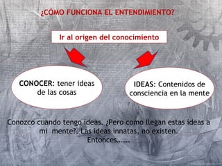 ¿CÓMO FUNCIONA EL ENTENDIMIENTO? 
Ir al origen del conocimiento 
CONOCER: tener ideas 
de las cosas 
IDEAS: Contenidos de 
consciencia en la mente 
Conozco cuando tengo ideas. ¿Pero como llegan estas ideas a 
mi mente?. Las ideas innatas, no existen. 
Entonces……. 
 
