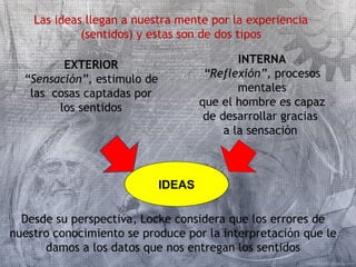 Las ideas llegan a nuestra mente por la experiencia 
(sentidos) y estas son de dos tipos 
IDEAS 
EXTERIOR 
“Sensación”, estimulo de 
las cosas captadas por 
los sentidos 
INTERNA 
“Reflexión”, procesos 
mentales 
que el hombre es capaz 
de desarrollar gracias 
a la sensación 
Desde su perspectiva, Locke considera que los errores de 
nuestro conocimiento se produce por la interpretación que le 
damos a los datos que nos entregan los sentidos 
 