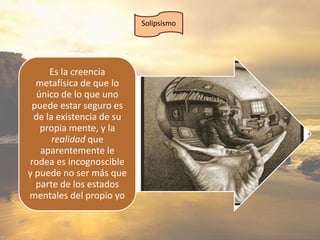 Solipsismo 
Es la creencia 
metafísica de que lo 
único de lo que uno 
puede estar seguro es 
de la existencia de su 
propia mente, y la 
realidad que 
aparentemente le 
rodea es incognoscible 
y puede no ser más que 
parte de los estados 
mentales del propio yo 
 