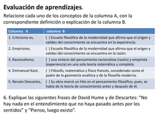 Evaluación de aprendizajes.
Relacione cada uno de los conceptos de la columna A, con la
correspondiente definición o explicación de la columna B.
6. Explique las siguientes frases de David Hume y de Descartes: “No
hay nada en el entendimiento que no haya pasado antes por los
sentidos” y “Pienso, luego existo”.
Columna A columna B
1. Criticismo es, ( ) Escuela filosófica de la modernidad que afirma que el origen y
validez del conocimiento se encuentra en la experiencia.
2. Empirismo, ( ) Escuela filosófica de la modernidad que afirma que el origen y
validez del conocimiento se encuentra en la razón.
3. Racionalismo, ( ) una síntesis del pensamiento racionalista (razón) y empirista
(experiencia) en una sola teoría sistemática y completa.
4. Emmanuel Kant, ( ) Filósofo, matemático y físico francés, considerado como el
padre de la geometría analítica y de la filosofía moderna.
5. Renato Descartes, ( ) Su obra marcó un hito en el pensamiento filosófico, pues, se
habla de la teoría de conocimiento antes y después de él.
 