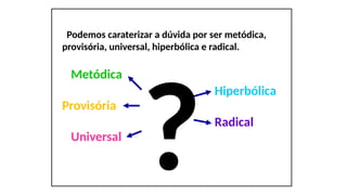 Podemos caraterizar a dúvida por ser metódica,
provisória, universal, hiperbólica e radical.
?
Metódica
Provisória
Universal
Hiperbólica
Radical
 