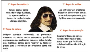 1ª Regra da evidência
Jamais aceitar como
verdadeiro algo duvidoso,
ou apenas aceitar as
formas de conhecimento
claras e distintas.
2ª Regra da análise
Ao enfrentar um problema
filosófico, dividi-lo em partes,
quantas forem possíveis, para
facilitar a sua compreensão.
3ª Regra da síntese
Sempre começar resolvendo os problemas
menores, as partes menos complexas, partindo
então rumo aos problemas maiores, pois a junção
das múltiplas partes pode resolver ou fornecer
pistas para a resolução do problema como um
todo.
4ª Regra da enumeração
Enumerar todas as partes
fracionadas e revisar cada
etapa assim que finalizada,
pois isso facilita a identificação
de erros.
 
