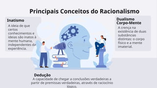 Principais Conceitos do Racionalismo
Inatismo
A ideia de que
certos
conhecimentos e
ideias são inatos à
mente humana,
independentes da
experiência.
Dedução
A capacidade de chegar a conclusões verdadeiras a
partir de premissas verdadeiras, através de raciocínio
lógico.
Dualismo
Corpo-Mente
A crença na
existência de duas
substâncias
distintas: o corpo
físico e a mente
imaterial.
 