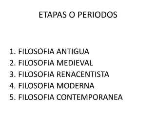 ETAPAS O PERIODOS
1. FILOSOFIA ANTIGUA
2. FILOSOFIA MEDIEVAL
3. FILOSOFIA RENACENTISTA
4. FILOSOFIA MODERNA
5. FILOSOFIA CONTEMPORANEA
 