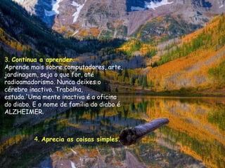 3. Continua a aprender.
Aprende mais sobre computadores, arte,
jardinagem, seja o que for, até
radioamadorismo. Nunca deixes o
cérebro inactivo. Trabalha,
estuda.'Uma mente inactiva é a oficina
do diabo. E o nome de família do diabo é
ALZHEIMER.



          4. Aprecia as coisas simples.
 