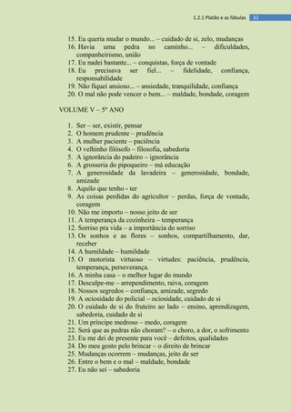 321.2.1 Platão e as fábulas
15. Eu queria mudar o mundo... – cuidado de si, zelo, mudanças
16. Havia uma pedra no caminho... – dificuldades,
companheirismo, união
17. Eu nadei bastante... – conquistas, força de vontade
18. Eu precisava ser fiel... – fidelidade, confiança,
responsabilidade
19. Não fiquei ansioso... – ansiedade, tranquilidade, confiança
20. O mal não pode vencer o bem... – maldade, bondade, coragem
VOLUME V – 5º ANO
1. Ser – ser, existir, pensar
2. O homem prudente – prudência
3. A mulher paciente – paciência
4. O velhinho filósofo – filosofia, sabedoria
5. A ignorância do padeiro – ignorância
6. A grosseria do pipoqueiro – má educação
7. A generosidade da lavadeira – generosidade, bondade,
amizade
8. Aquilo que tenho - ter
9. As coisas perdidas do agricultor – perdas, força de vontade,
coragem
10. Não me importo – nosso jeito de ser
11. A temperança da cozinheira – temperança
12. Sorriso pra vida – a importância do sorriso
13. Os sonhos e as flores – sonhos, compartilhamento, dar,
receber
14. A humildade – humildade
15. O motorista virtuoso – virtudes: paciência, prudência,
temperança, perseverança.
16. A minha casa – o melhor lugar do mundo
17. Desculpe-me – arrependimento, raiva, coragem
18. Nossos segredos – confiança, amizade, segredo
19. A ociosidade do policial – ociosidade, cuidado de si
20. O cuidado de si do fruteiro ao lado – ensino, aprendizagem,
sabedoria, cuidado de si
21. Um príncipe medroso – medo, coragem
22. Será que as pedras não choram? – o choro, a dor, o sofrimento
23. Eu me dei de presente para você – defeitos, qualidades
24. Do meu gosto pelo brincar – o direito de brincar
25. Mudanças ocorrem – mudanças, jeito de ser
26. Entre o bem e o mal – maldade, bondade
27. Eu não sei – sabedoria
 