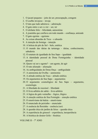 341.2.1 Platão e as fábulas
1. O jacaré pequeno – jeito de ser, preocupação, coragem
2. O coelho invejoso – inveja
3. O tatu que tudo admirava – admiração
4. O gato entre o ser e o ter – ser, ter
5. O elefante feliz – felicidade, autoestima
6. A joaninha que confiava em todo mundo – confiança, amizade
7. O gato egoísta – egoísmo
8. As coisas absurdas de Teca – o absurdo
9. A intuição da formiga – intuição
10. A beleza do pôr do Sol – belo, estética
11. O mundo das ideias da tartaruga – ideias, conhecimento,
sabedoria
12. O estatuto de igualdade do Seu Sapo – igualdade
13. A identidade pessoal de Dona Formiguinha – identidade
pessoal
14. Quem vai ser o agente? – um agente, de agir
15. O rato alienado – alienação
16. As ambiguidades de Dona Onça – ambiguidade
17. A autonomia da Ovelha – autonomia
18. A atitude estética da Vaca – atitude estética
19. Os argumentos do Seu Sapo – argumentos
20. O argumento cosmológico do Seu Sapo – argumento,
cosmologia
21. A liberdade do rouxinol – liberdade
22. O livre-arbítrio do sabiá – livre-arbítrio
23. A lógica do galo vermelho – lógico, ilógico
24. A emoção estética do Seu Formigão – emoção estética
25. O emotivismo da baleia – emotivismo
26. O enunciado do peixinho – enunciado
27. A essência da florzinha – essência (ser)
28. A questão ética do jardim de lírios – questão ética
29. A experiência do girassol – experiência, inexperiência
30. A bioética do doutor Grilo – bioética
VOLUME II – 7º ANO
 