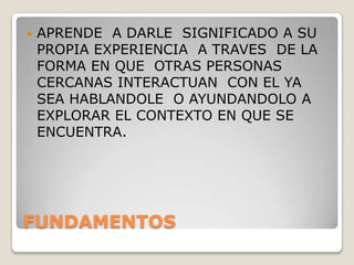 FUNDAMENTOSAPRENDE  A DARLE  SIGNIFICADO A SU PROPIA EXPERIENCIA  A TRAVES  DE LA FORMA EN QUE  OTRAS PERSONAS  CERCANAS INTERACTUAN  CON EL YA SEA HABLANDOLE  O AYUNDANDOLO A EXPLORAR EL CONTEXTO EN QUE SE ENCUENTRA.