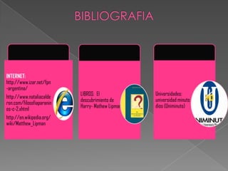 INTERNET:
http://www.izar.net/fpn
-argentina/
                           LIBROS: El             Universidades:
http://www.nataliacalde
                           descubrimiento de      universidad minuto de
ron.com/filosofiaparanin
                           Harry- Mathew Lipman   dios (Uniminuto)
os-c-2.xhtml
http://en.wikipedia.org/
wiki/Matthew_Lipman
 