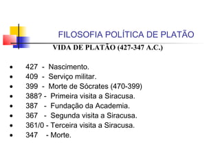 FILOSOFIA POLÍTICA DE PLATÃO
VIDA DE PLATÃO (427-347 A.C.)
 
• 427 - Nascimento.
• 409 - Serviço militar.
• 399 - Morte de Sócrates (470-399)
• 388? - Primeira visita a Siracusa.
• 387 - Fundação da Academia.
• 367 - Segunda visita a Siracusa.
• 361/0 - Terceira visita a Siracusa.
• 347 - Morte.
 
 
