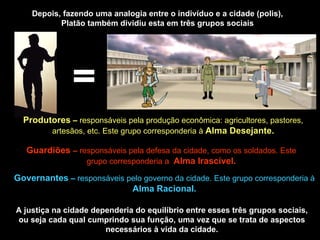 Depois, fazendo uma analogia entre o indivíduo e a cidade (polis), Platão também dividiu esta em três grupos sociais = Produtores  –  responsáveis pela produção econômica: agricultores, pastores, artesãos, etc. Este grupo corresponderia à  Alma Desejante. Guardiões  –  responsáveis pela defesa da cidade, como os soldados. Este grupo corresponderia a  Alma Irascível. Governantes  –  responsáveis pelo governo da cidade. Este grupo corresponderia à  Alma Racional. A justiça na cidade dependeria do equilíbrio entre esses três grupos sociais, ou seja cada qual cumprindo sua função, uma vez que se trata de aspectos necessários à vida da cidade. 