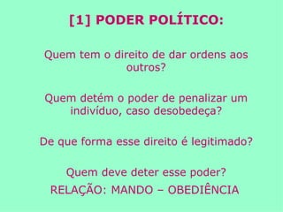 [1] PODER POLÍTICO: Quem tem o direito de dar ordens aos outros? Quem detém o poder de penalizar um indivíduo, caso desobedeça? De que forma esse direito é legitimado? Quem deve deter esse poder? RELAÇÃO: MANDO – OBEDIÊNCIA   