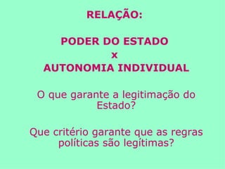 RELAÇÃO:  PODER DO ESTADO  x  AUTONOMIA INDIVIDUAL O que garante a legitimação do Estado? Que critério garante que as regras políticas são legítimas? 