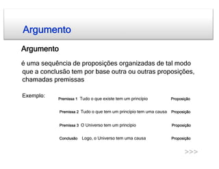 Argumento
Argumento
é uma sequência de proposições organizadas de tal modo
que a conclusão tem por base outra ou outras proposições,
chamadas premissas

Exemplo:    Premissa 1 Tudo o que existe tem um princípio          Proposição


            Premissa 2 Tudo o que tem um princípio tem uma causa   Proposição


            Premissa 3 O Universo tem um princípio                 Proposição


            Conclusão   Logo, o Universo tem uma causa             Proposição


                                                                          >>>
 