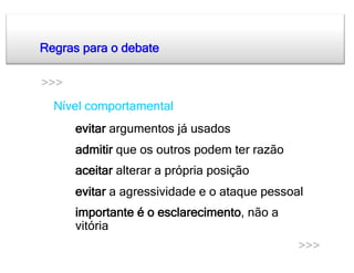 Regras para o debate

>>>
a. Nível comportamental
  •    evitar argumentos já usados
  •    admitir que os outros podem ter razão
  •    aceitar alterar a própria posição
  •    evitar a agressividade e o ataque pessoal
  •    importante é o esclarecimento, não a
       vitória
                                               >>>
 