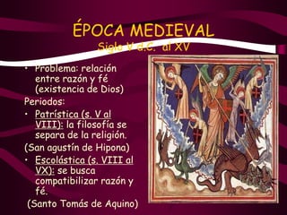 ÉPOCA MEDIEVAL
Siglo V d.C. al XV
• Problema: relación
entre razón y fé
(existencia de Dios)
Periodos:
• Patrística (s. V al
VIII): la filosofía se
separa de la religión.
(San agustín de Hipona)
• Escolástica (s. VIII al
VX): se busca
compatibilizar razón y
fé.
(Santo Tomás de Aquino)
 