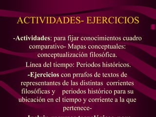 ACTIVIDADES- EJERCICIOS
-Actividades: para fijar conocimientos cuadro
comparativo- Mapas conceptuales:
conceptualización filosófica.
Línea del tiempo: Periodos históricos.
-Ejercicios con prrafos de textos de
representantes de las distintas corrientes
filosóficas y periodos histórico para su
ubicación en el tiempo y corriente a la que
pertenece-
 