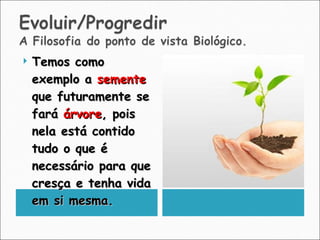 Temos como exemplo a  semente  que futuramente se fará  árvore , pois nela está contido tudo o que é necessário para que cresça e tenha vida em si mesma.  