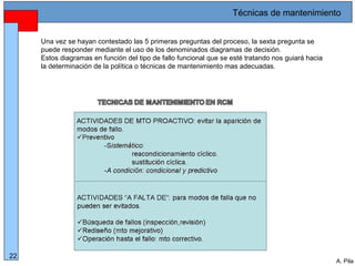 Alberto Pila Alonso
22
A. Pila
Una vez se hayan contestado las 5 primeras preguntas del proceso, la sexta pregunta se
puede responder mediante el uso de los denominados diagramas de decisión.
Estos diagramas en función del tipo de fallo funcional que se esté tratando nos guiará hacia
la determinación de la política o técnicas de mantenimiento mas adecuadas.
Técnicas de mantenimiento
 