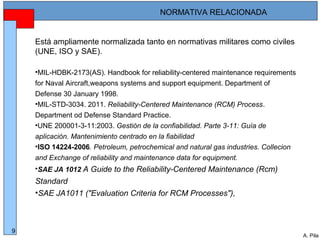 Alberto Pila Alonso
9
A. Pila
Está ampliamente normalizada tanto en normativas militares como civiles
(UNE, ISO y SAE).
•MIL-HDBK-2173(AS). Handbook for reliability-centered maintenance requirements
for Naval Aircraft,weapons systems and support equipment. Department of
Defense 30 January 1998.
•MIL-STD-3034. 2011. Reliability-Centered Maintenance (RCM) Process.
Department od Defense Standard Practice.
•UNE 200001-3-11:2003. Gestión de la confiabilidad. Parte 3-11: Guía de
aplicación. Mantenimiento centrado en la fiabilidad
•ISO 14224-2006. Petroleum, petrochemical and natural gas industries. Collecion
and Exchange of reliability and maintenance data for equipment.
•SAE JA 1012 A Guide to the Reliability-Centered Maintenance (Rcm)
Standard
•SAE JA1011 ("Evaluation Criteria for RCM Processes"),
NORMATIVA RELACIONADA
 